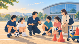地域クラブ活動で子ども、指導者、保護者が学校施設とスポーツ用品を確認するイメージ
