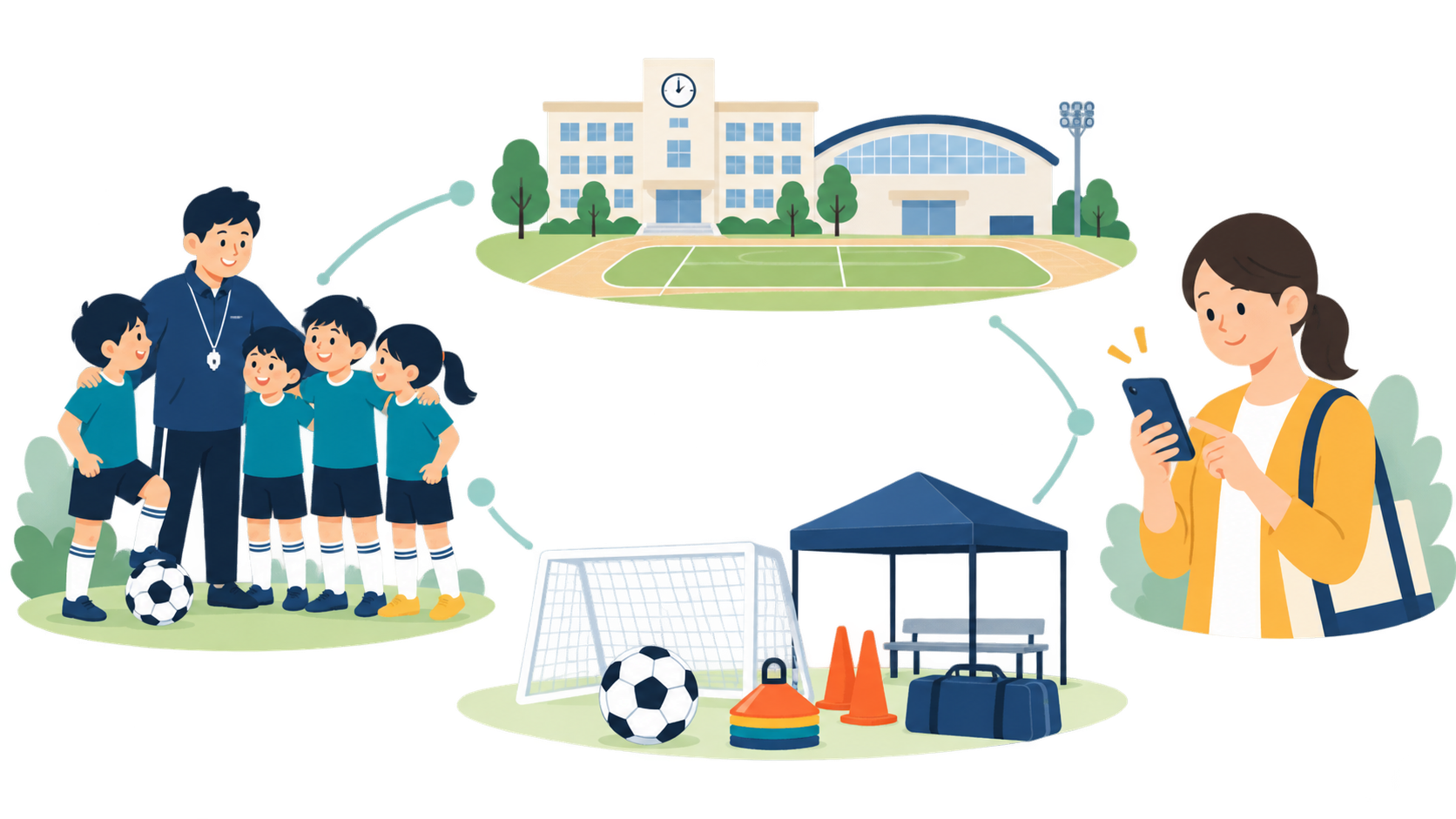 学校・自治体、地域クラブ、保護者、スポーツ器具・施設が連携する地域クラブ活動のイメージ